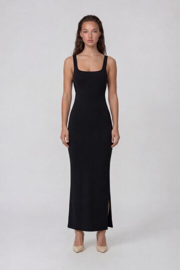 Askılı Kare Yaka Sırt Dekolteli Yırtmaçlı Midi Elbise