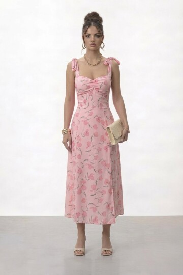 Askılı Omuzdan Bağlamalı Büzgülü Çiçek Desenli Midi Elbise