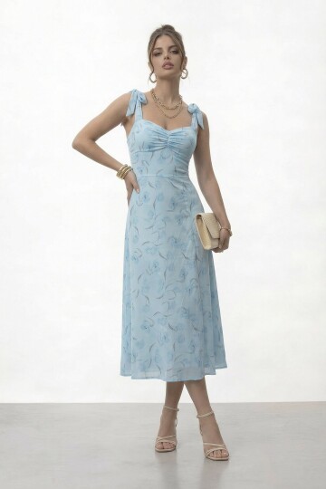 Askılı Omuzdan Bağlamalı Büzgülü Çiçek Desenli Midi Elbise