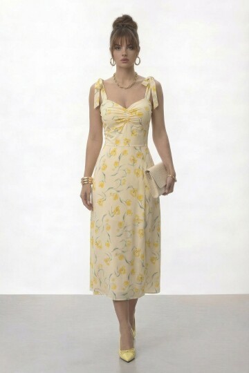 Askılı Omuzdan Bağlamalı Büzgülü Çiçek Desenli Midi Elbise