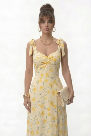 Askılı Omuzdan Bağlamalı Büzgülü Çiçek Desenli Midi Elbise