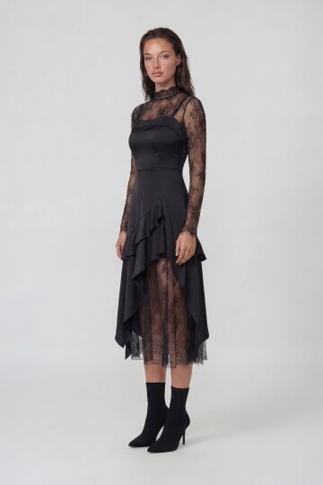 Ayarlanabilinir Askılı İçi Astarlı Saten Elbise Ve Dantel Bluz Takım