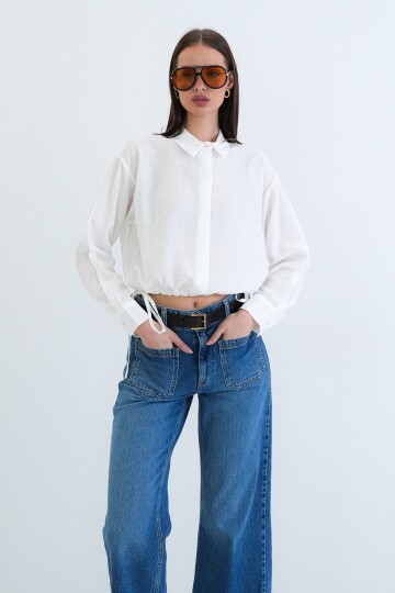 Bağcık Detaylı Gömlek Yaka Bluz