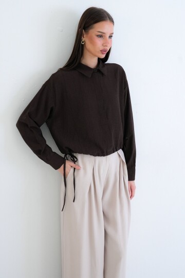 Bağcık Detaylı Gömlek Yaka Bluz