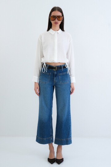 Bağcık Detaylı Gömlek Yaka Bluz