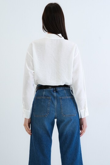 Bağcık Detaylı Gömlek Yaka Bluz