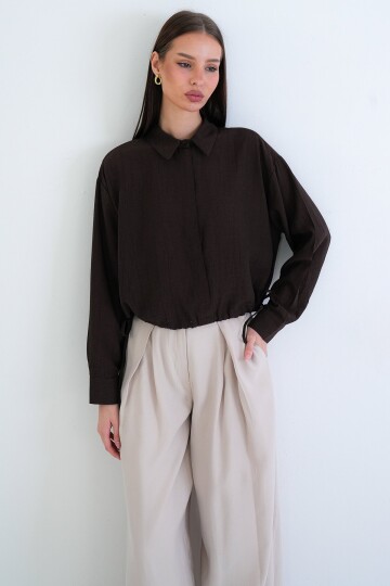 Bağcık Detaylı Gömlek Yaka Bluz