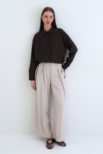 Bağcık Detaylı Gömlek Yaka Bluz