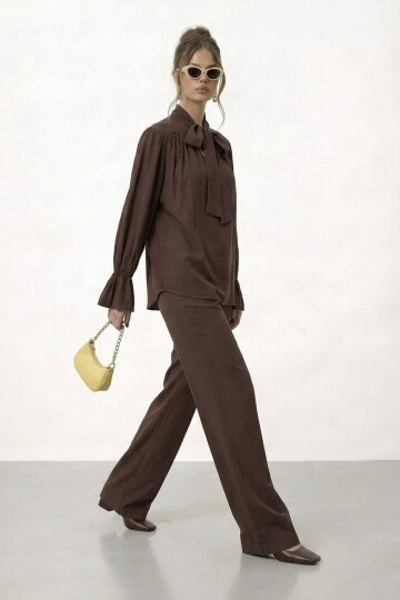 Bağlama Yaka İspanyol Kol Bluz Ve Geniş Paça Pantolon Takım