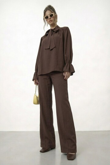 Bağlama Yaka İspanyol Kol Bluz Ve Geniş Paça Pantolon Takım