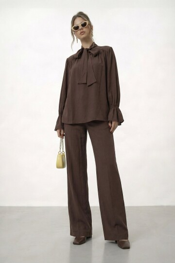 Bağlama Yaka İspanyol Kol Bluz Ve Geniş Paça Pantolon Takım