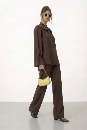 Bağlama Yaka İspanyol Kol Bluz Ve Geniş Paça Pantolon Takım