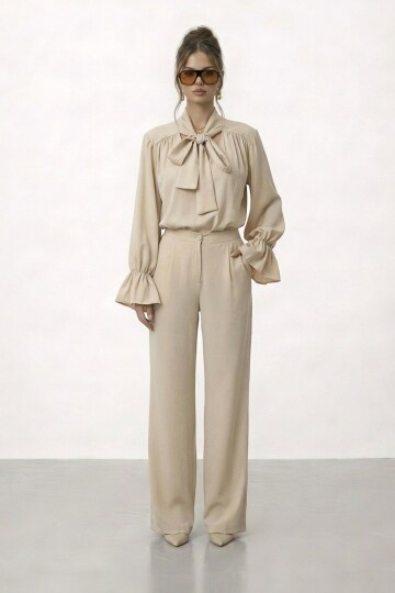 Bağlama Yaka İspanyol Kol Bluz Ve Geniş Paça Pantolon Takım