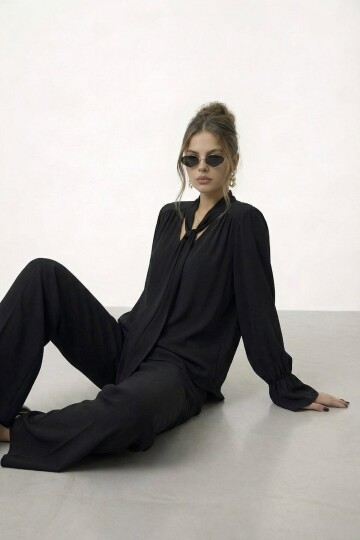 Bağlama Yaka İspanyol Kol Bluz Ve Pantolon Takım