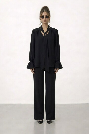 Bağlama Yaka İspanyol Kol Bluz Ve Pantolon Takım