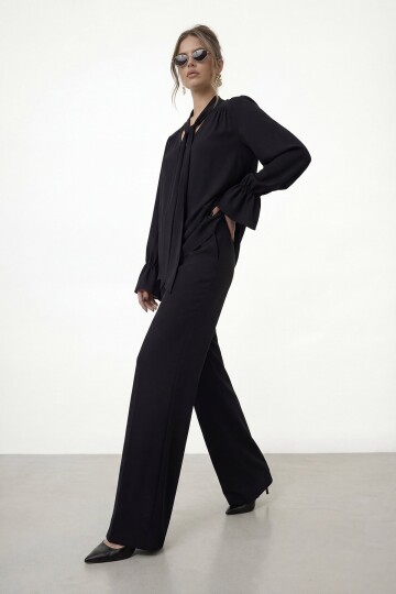 Bağlama Yaka İspanyol Kol Bluz Ve Pantolon Takım