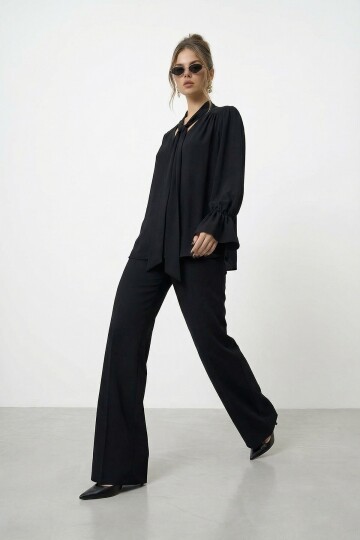 Bağlama Yaka İspanyol Kol Bluz Ve Pantolon Takım