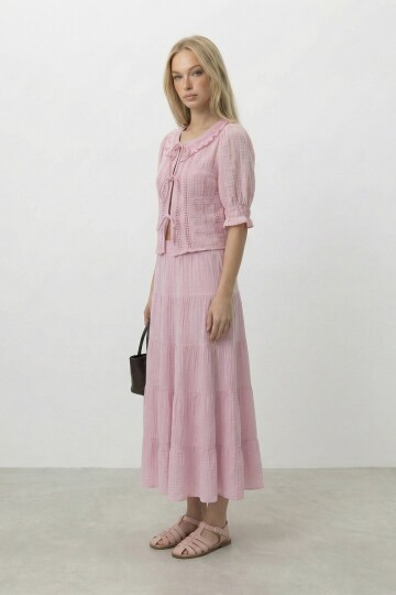 Bağlamalı Bluz Ve Lastikli Midi Etek Takım