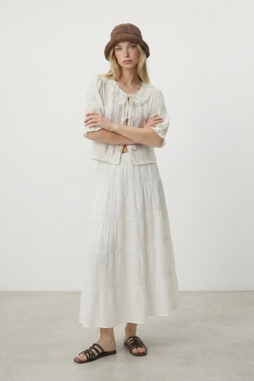 Bağlamalı Bluz Ve Lastikli Midi Etek Takım