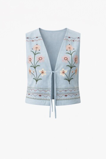 Bebe Mavi Nakışlı Bağcık Detaylı Tasarım Ham Keten Yelek