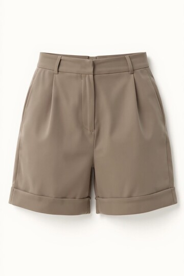 Bej Çift Cepli Duble Paça Gizli Fermuarlı Keten Şort