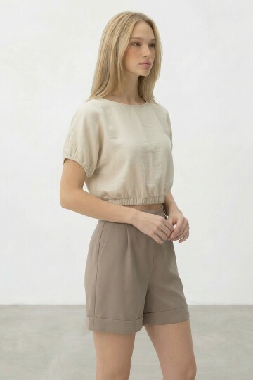Bej Çift Cepli Duble Paça Gizli Fermuarlı Keten Şort