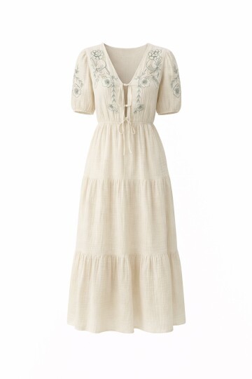 Bej Nakışlı Bağlama Detaylı Midi Boy Müslin Elbise