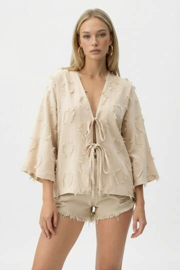 Bej V Yaka Önü Bağlamalı Püskül Detaylı Yazlık Keten Ceket