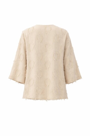 Bej V Yaka Önü Bağlamalı Püskül Detaylı Yazlık Keten Ceket