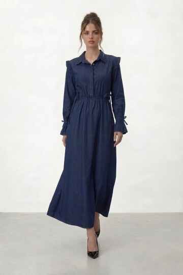 Belden Büzgülü Bağlama Detaylı Uzun Kollu Midi Elbise