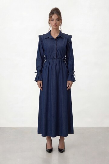 Belden Büzgülü Bağlama Detaylı Uzun Kollu Midi Elbise