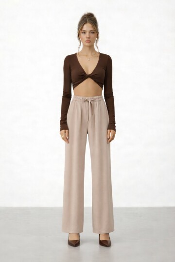 Beli Lastikli Bağlamalı Geniş Paça Pantolon