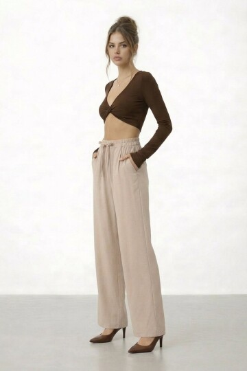 Beli Lastikli Bağlamalı Geniş Paça Pantolon