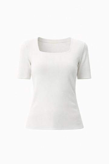 Beyaz Kare Yaka Kısa Kollu Mevsimlik Triko Bluz