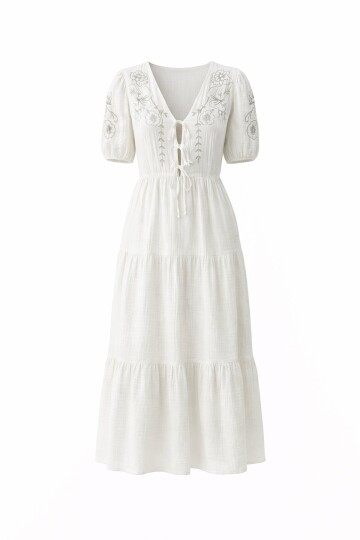 Beyaz Nakışlı Bağlama Detaylı Midi Boy Müslin Elbise