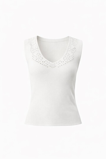 Beyaz Ön Arka V Yaka Ajurlu Yazlık Triko Bluz