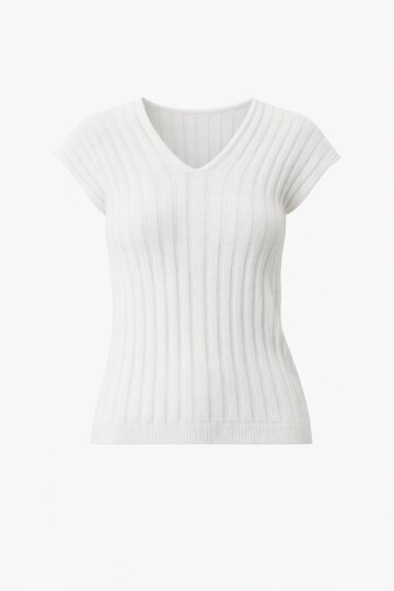 Beyaz Ön Arka V Yaka Ajurlu Yazlık Triko Bluz