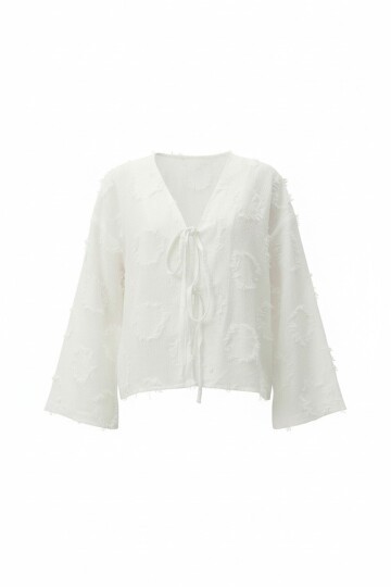 Beyaz V Yaka Önü Bağlamalı Püskül Detaylı Yazlık Keten Ceket