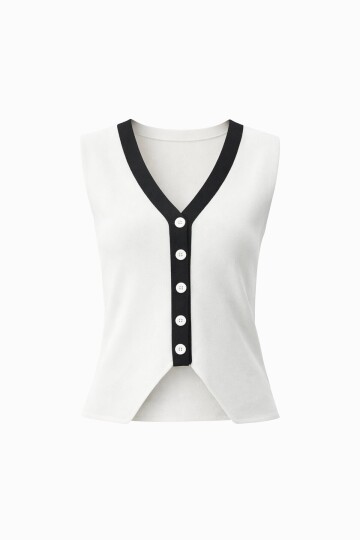 Beyaz V Yaka Renk Bloklu Triko Yelek