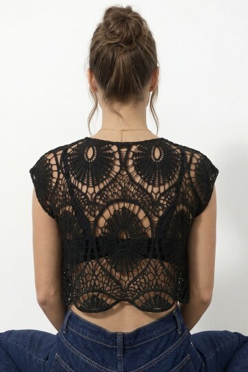 Bisiklet Yaka Ajur Desenli Kısa Kol Transparan Bluz