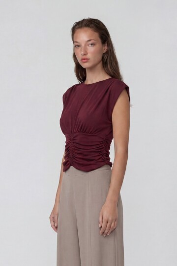 Bisiklet Yaka Drape Detaylı Vatkalı Sandy Bluz