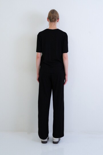 Bisiklet Yaka Kısa Kol Örme Bluz Ve Palazzo Pantolon Takım