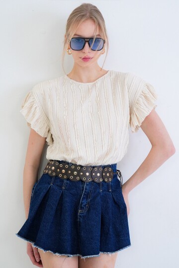 Bisiklet Yaka Kolları Fırfırlı Örme Bluz