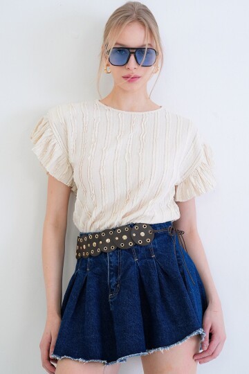 Bisiklet Yaka Kolları Fırfırlı Örme Bluz
