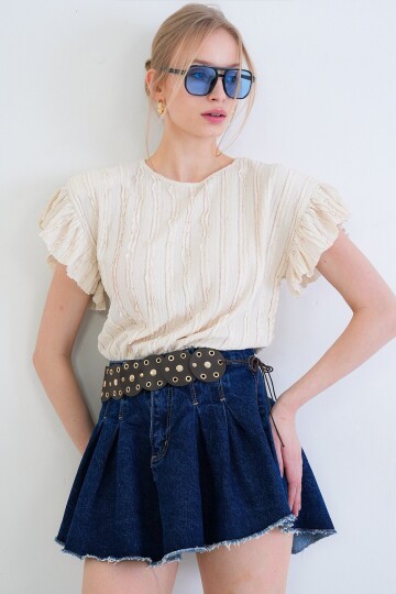 Bisiklet Yaka Kolları Fırfırlı Örme Bluz