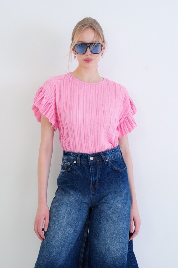 Bisiklet Yaka Kolları Fırfırlı Örme Bluz