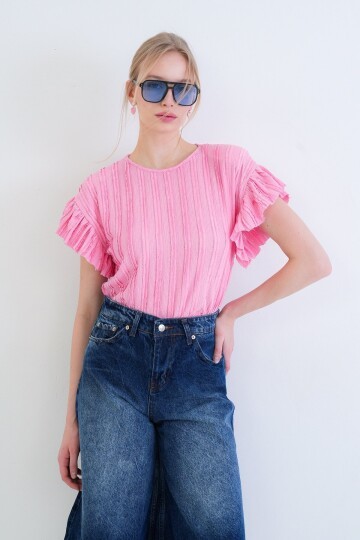 Bisiklet Yaka Kolları Fırfırlı Örme Bluz