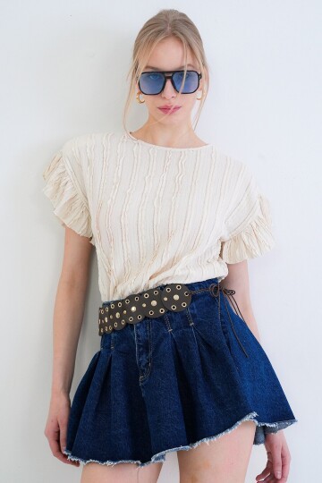 Bisiklet Yaka Kolları Fırfırlı Örme Bluz