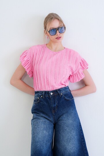 Bisiklet Yaka Kolları Fırfırlı Örme Bluz