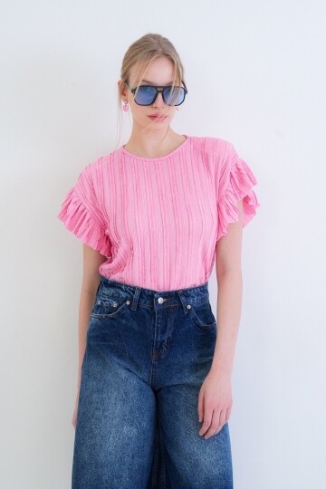 Bisiklet Yaka Kolları Fırfırlı Örme Bluz